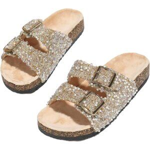 ⚡Women's Apricot Flat Bottomed Diamond Sequin Metal Button Plus Size Slippers